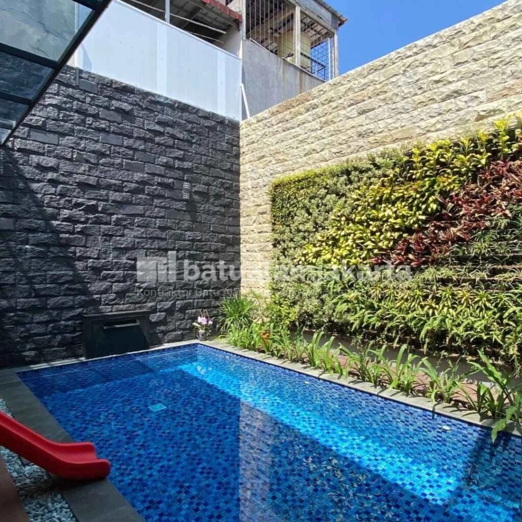 Pemasangan Batu Candi & Bobos Untuk Dinding Kolam Renang - BSD, Tangerang Selatan