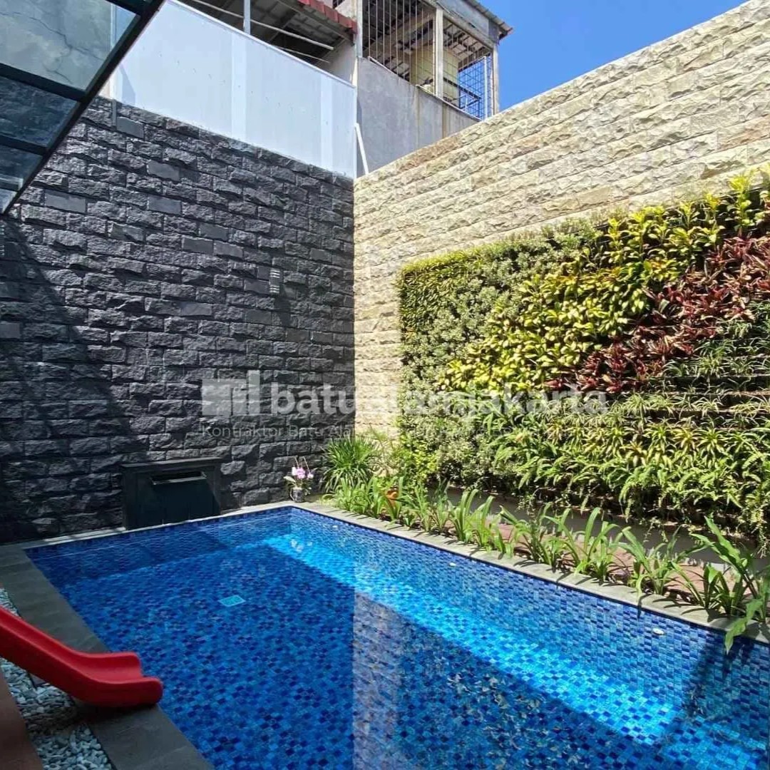 1. pemasangan batu candi & bobos, dinding kolam renang, bsd