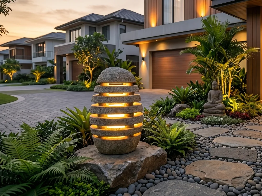 kap lampu taman bulat batu alam