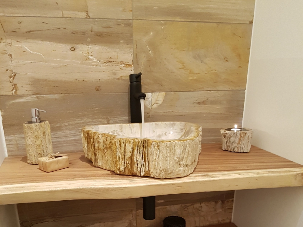 wastafel batu fosil kayu