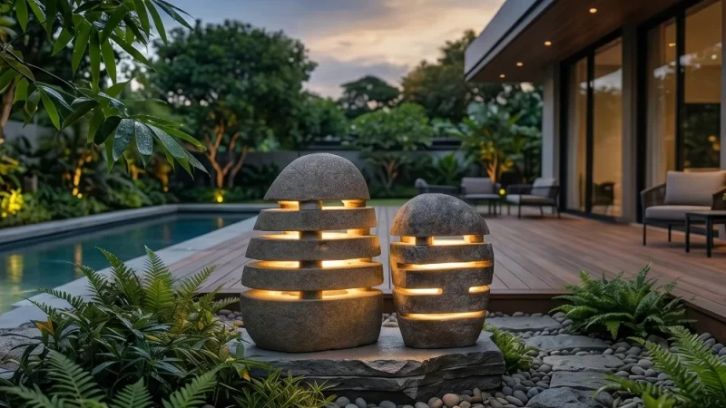 kap lampu taman batu alam